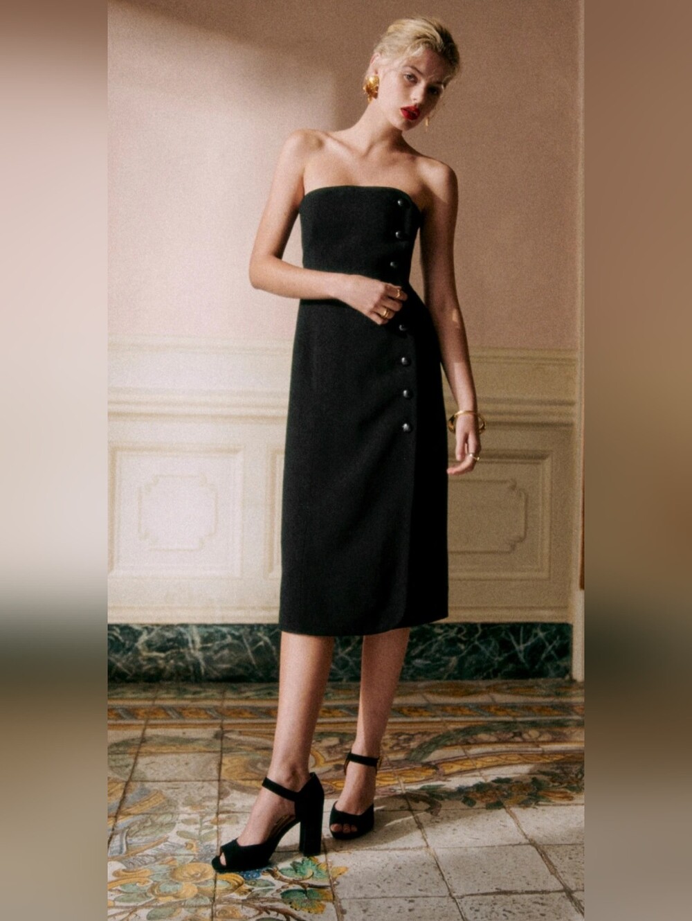 Sezane Strapless Black Midi Dress with Side Buttons